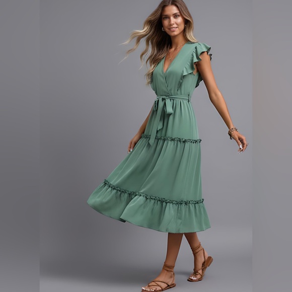 Green Butterfly Sleeve Ruffle Hem Belted Dress - Picture 3 of 8
